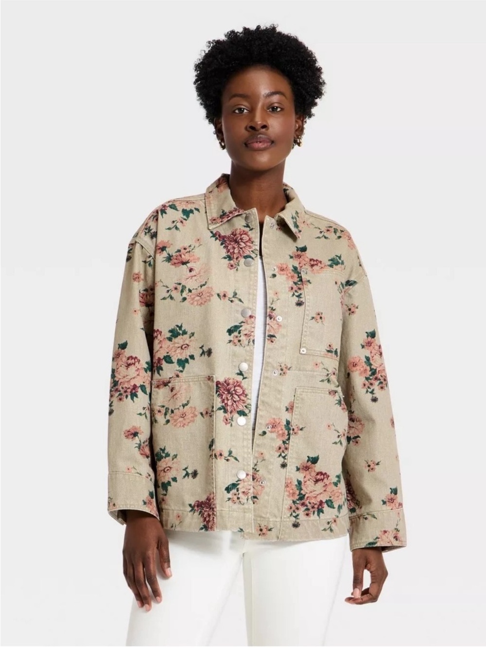 Universal Thread Women’s Floral Denim Chore Coat - Khaki Size Medium NWT